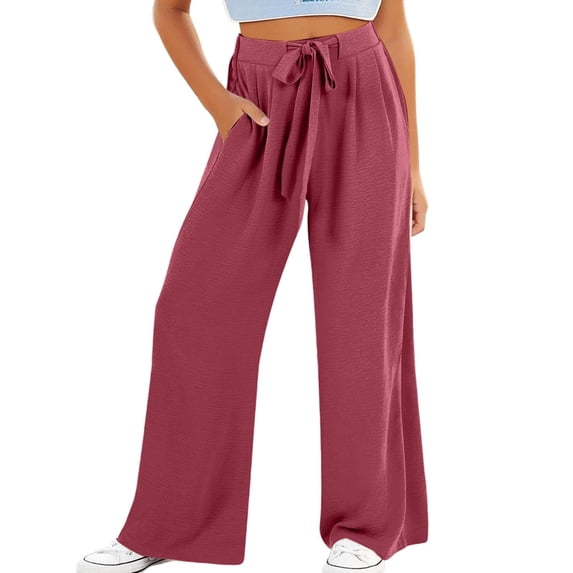 UQJfacai Girls Pants Linen Summer Casual Baggy Pant Drawstring Elastic High Waisted Lounge Wide Leg Trouser with Pockets 4-14 Years