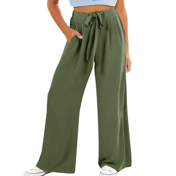 UQJfacai Girls Pants Linen Summer Casual Baggy Pant Drawstring Elastic High Waisted Lounge Wide Leg Trouser with Pockets 4-14 Years