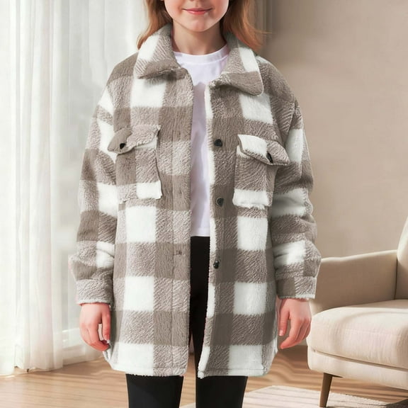 UQJfacai Girls Plaid Sherpa Jacket Fuzzy Fleece Long Sleeve Fall Coats Collared Button Down Warm Winter Jackets with Pockets 4-15 Years
