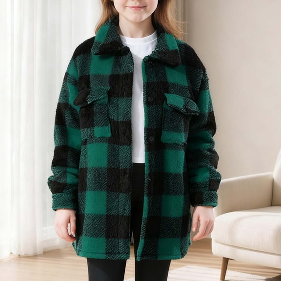 UQJfacai Girls Plaid Sherpa Jacket Fuzzy Fleece Long Sleeve Fall Coats Collared Button Down Warm Winter Jackets with Pockets 4-15 Years