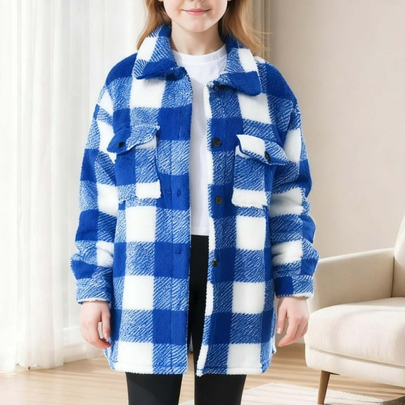 UQJfacai Girls Plaid Sherpa Jacket Fuzzy Fleece Long Sleeve Fall Coats Collared Button Down Warm Winter Jackets with Pockets 4-15 Years