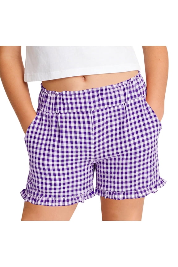 Girls Plaid Shorts Kids Gingham Ruffle Hem Elastic Waist Wide Leg Shorts Summer Casaul Pants with Pockets 5-16 Years
