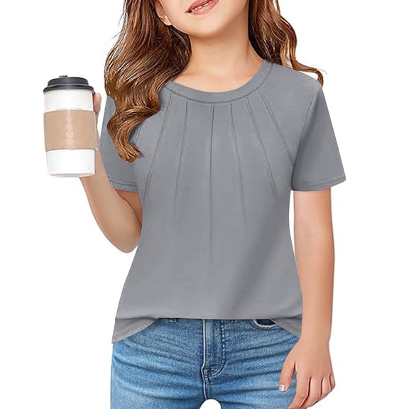 UQJfacai Girls Pleated T Shirts Kids Summer Casual Short Sleeve Tunic Tops Fashion Loose Fit Crewneck Basic Tees 5-14 Years