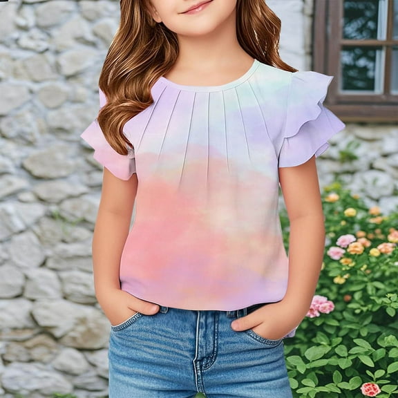 UQJfacai Girls Pleated T Shirts Summer Tie Dye Casual Crewneck Ruffled Short Sleeve Blouse Cute Tunic Basic Tees Tops 5-13 Years