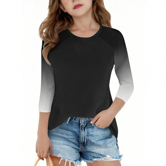 UQJfacai Girls Raglan Shirts Kids Trendy Gradient Color Block Tunic Crewneck Blouses Fall Casual Fashion Long Sleeve Tee Tops 4-14 Years