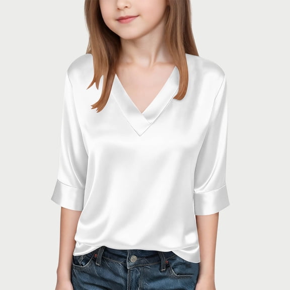 UQJfacai Girls Satin Silk Tops Dressy Casual V Neck 3/4 Sleeve Dress Blouses Lightweight Spring Summer Tunic Shirts 4-15 Years