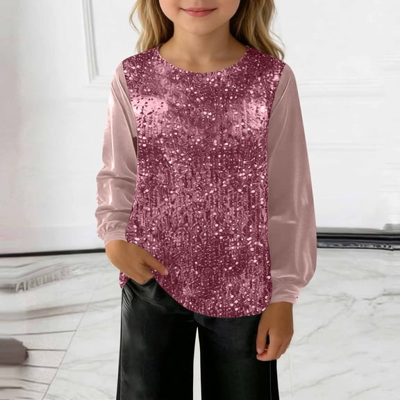 UQJfacai Girls Sequin Tops Cute Velvet Patchwork Tunic Shirts Kids Spring Casual Long Sleeve Crewneck Party Blouses 5-14 Years