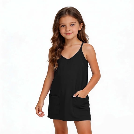 UQJfacai Girls Sleeveless Tennis Dress Kids Spaghetti Strap Golf Dress School Sports Dresses Outfit with Shorts Pockets 5-15 Years