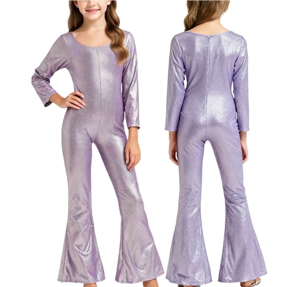 UQJfacai Girls Sparkly Jumpsuits Glitter Long Sleeve Cocktail Party Crew Neck Bodycon Flared Long Pants Rompers Onesies 2-17 Years