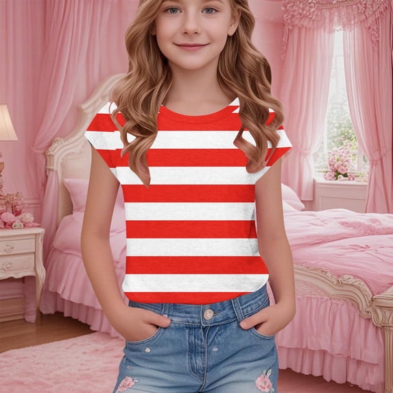 UQJfacai Girls Striped Shirts Color Block Short Sleeve T-Shirts Kids Summer Casual Crewneck Tunic Basic Tees Tops 5-15 Years