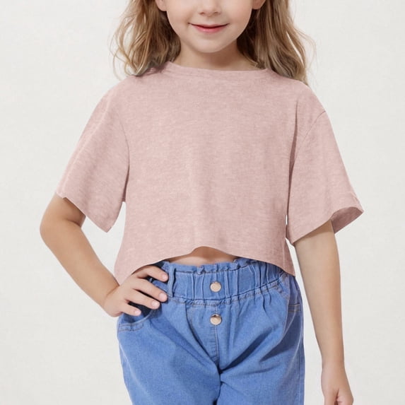 UQJfacai Girls Summer Crop Tops Kids Fashion Oversized Crewneck Cropped Short Sleeve T Shirts Loose Fit Basic Tees 5-15 Years