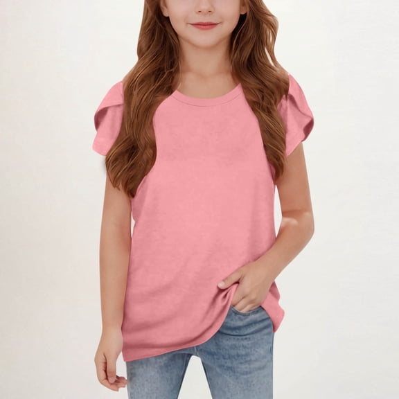 UQJfacai Girls Summer T Shirts Crewneck Petal Short Sleeve Casual Tops Basic Tees Kids Fashion Tunic Cute Blouse 5-15 Years