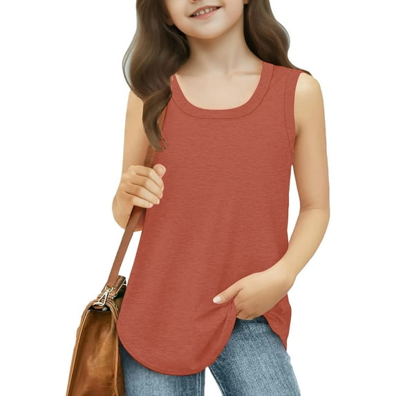UQJfacai Girls Tank Top Summer Sleeveless Square Neck Basic Tee Shirts Kids Casual Curved Hem Flowy Tunic Tops 3-14 Years