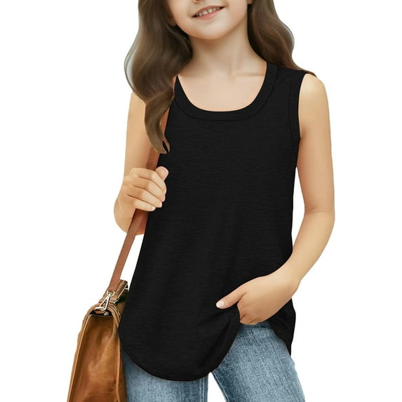 UQJfacai Girls Tank Top Summer Sleeveless Square Neck Basic Tee Shirts Kids Casual Curved Hem Flowy Tunic Tops 3-14 Years