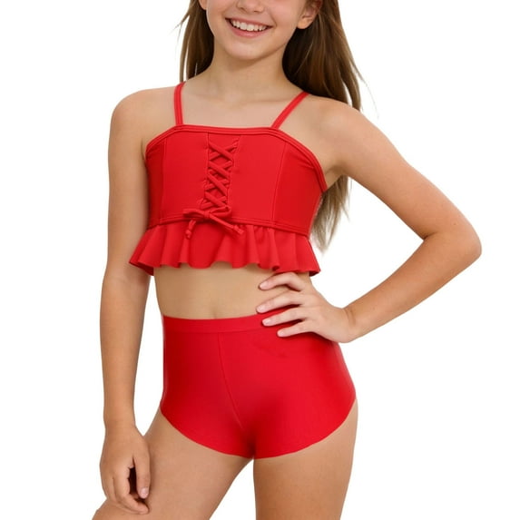 UQJfacai Girls Two Piece Swimsuit Adjustable Straps Bikini Set High Waisted Bathing Suits Ruffle Laceup Front Swimwear 3-14 Years