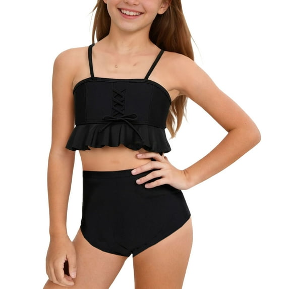 UQJfacai Girls Two Piece Swimsuit Adjustable Straps Bikini Set High Waisted Bathing Suits Ruffle Laceup Front Swimwear 3-14 Years