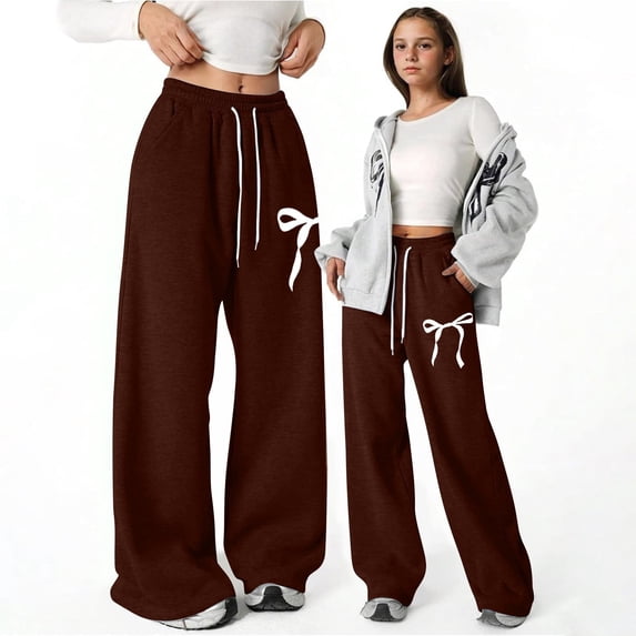 UQJfacai Girls Wide Leg Sweatpants Bow Printed Drawstring Elastic High Waist Baggy Pants Fall Winter Lounge Pants with Pockets 5-15 Years