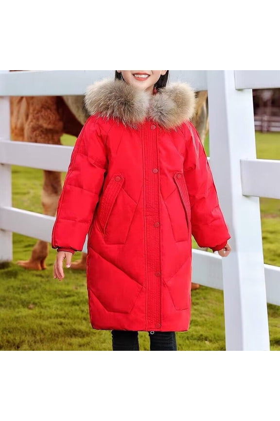 Girls Winter Coat Faux Fur Collar Long Down Parka Zip Up Quilted Puffer Jacket Warm Casual Outerwear with Pockets 6-16 Years