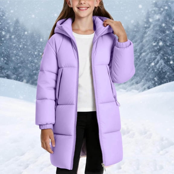 UQJfacai Girls Winter Coats Heavyweight Thicken Hooded Long Puffer Jacket Kids Zip Up Quilted Outerwear Coat with Pockets 7-15 Years