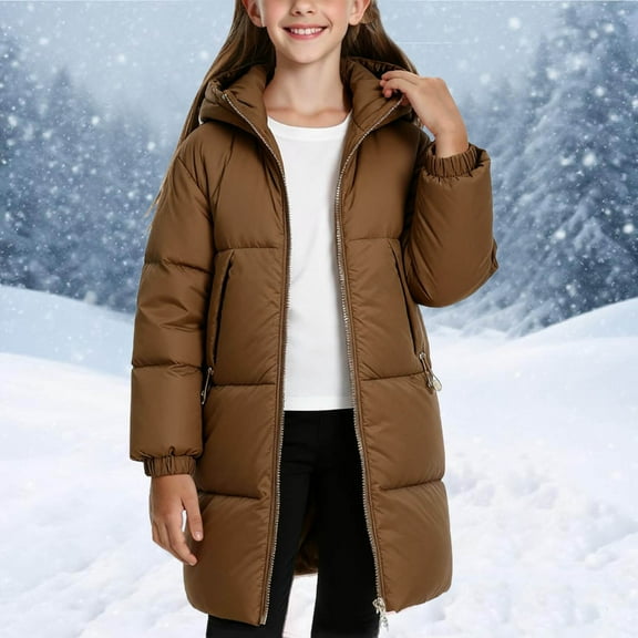 UQJfacai Girls Winter Coats Heavyweight Thicken Hooded Long Puffer Jacket Kids Zip Up Quilted Outerwear Coat with Pockets 7-15 Years