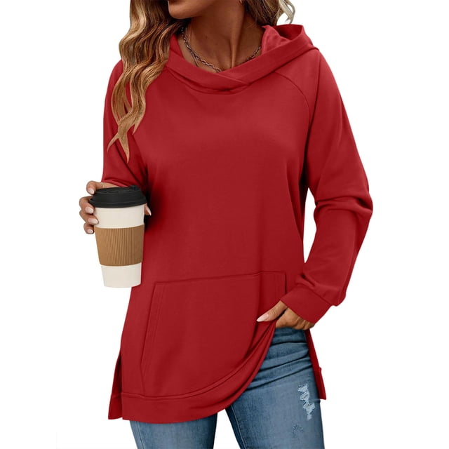 UQJfacai Hoodies for Women Lightweight Oversized Sweatshirt Loose Casual Raglan Long Sleeve Side Split Hooded Fall Tops with Pocket