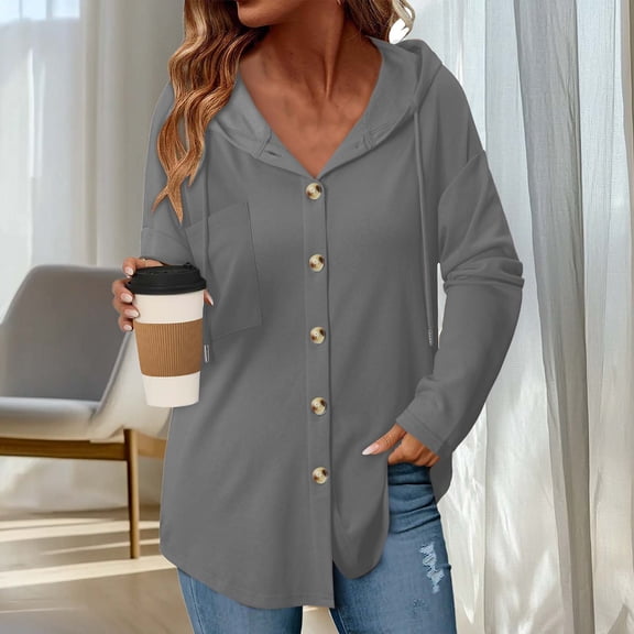 UQJfacai Hoodies for Women Lightweight Oversized Sweatshirt Loose Fit Casual Long Sleeve Drawstring Button Hooded Fall Tops