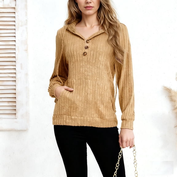 UQJfacai Hoodies for Women Ribbed Knit Long Sleeve Drawstring Button V Neck Casual Pullover Sweatshirt Hooded Tops