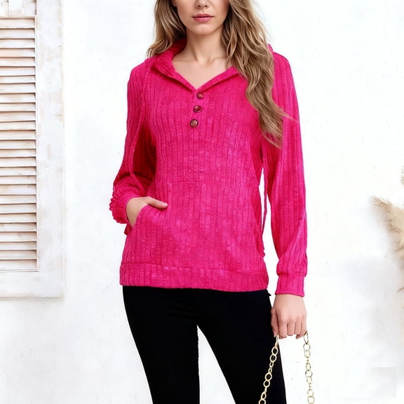 UQJfacai Hoodies for Women Ribbed Knit Long Sleeve Drawstring Button V Neck Casual Pullover Sweatshirt Hooded Tops