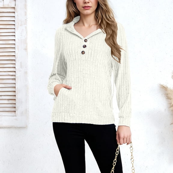 UQJfacai Hoodies for Women Ribbed Knit Long Sleeve Drawstring Button V Neck Casual Pullover Sweatshirt Hooded Tops