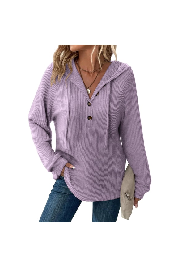 Hoodies for Women Ribbed Knit Long Sleeve Tops Fall Loose Casual Button Down V NeckDrawstring Hooded Pullover Sweatshirts