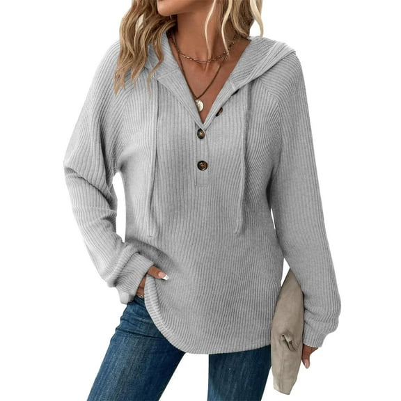 UQJfacai Hoodies for Women Ribbed Knit Long Sleeve Tops Fall Loose Casual Button Down V NeckDrawstring Hooded Pullover Sweatshirts