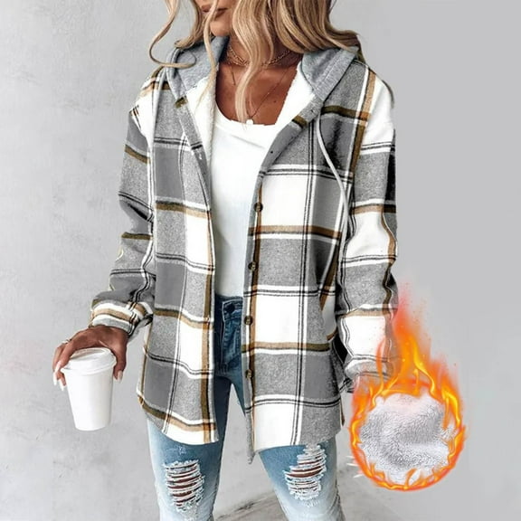 UQJfacai Jackets for Women with Hood Casual Button Down Buffalo Plaid Flannel Shirts Fleece Lined Fashion Fall Winter Shacket Coats