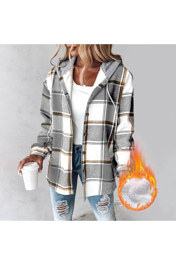 Jackets for Women with Hood Casual Button Down Buffalo Plaid Flannel Shirts Fleece Lined Fashion Fall Winter Shacket Coats