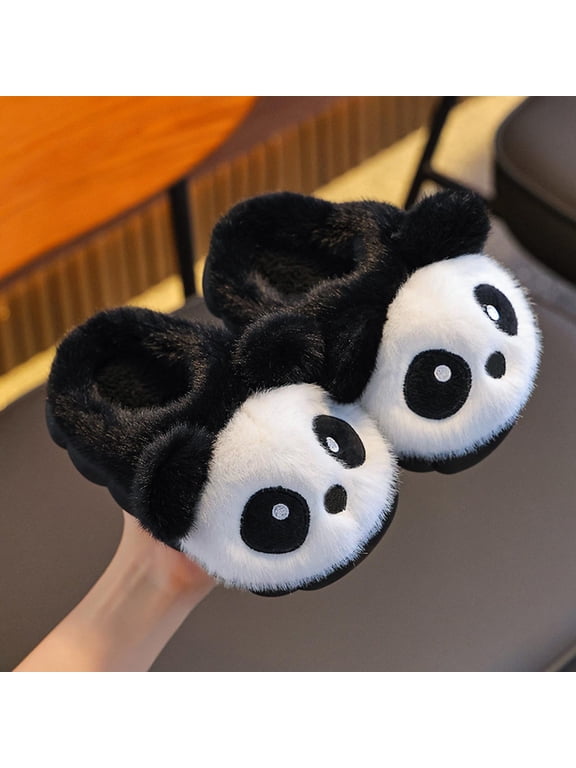 Kids Fuzzy Plush Slippers Boys Girls Panda Open Toe Fluffy Slippers Slip On Warm Soft Cozy Slides Indoor Outdoor House Shoes