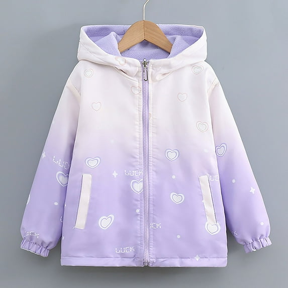 UQJfacai Kids Rain Jacket Heart Print Waterproof Fleece Lined Hooded Windbreaker with Pockets Trendy Fall Winter Lightweight Outdoor Raincoats for Boys Girls 4-15 Years