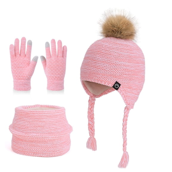 UQJfacai Kids Winter Beanie Hat Scarf Gloves Set for Girls Boys Knit Warm Pompom Earflap Hats Mittens Neck Warmer 4-10 Years