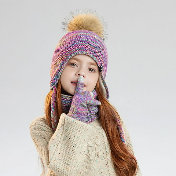 UQJfacai Kids Winter Beanie Hat Scarf Gloves Set for Girls Boys Knit Warm Pompom Earflap Hats Mittens Neck Warmer 4-10 Years