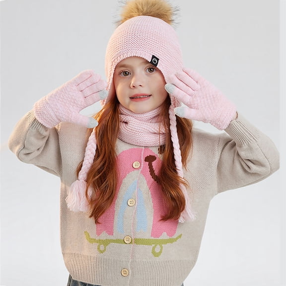 UQJfacai Kids Winter Beanie Hat Scarf Gloves Set for Girls Boys Knit Warm Pompom Earflap Hats Mittens Neck Warmer 4-10 Years