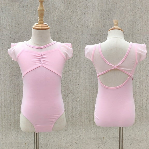 UQJfacai Leotards for Girls Ballet Ruffle Cap Sleeve Ruched Front Leotard Kids Mesh Gymnastics Dance Unitards 2-15 Years