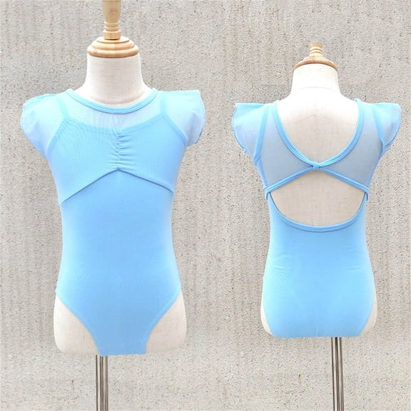 UQJfacai Leotards for Girls Ballet Ruffle Cap Sleeve Ruched Front Leotard Kids Mesh Gymnastics Dance Unitards 2-15 Years