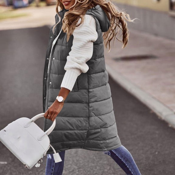 UQJfacai Long Puffer Vest Women Sleeveless Hooded Winter Coats Warm Quilted Vests Button Down Puffy Jacket Fall Casual Outerwear