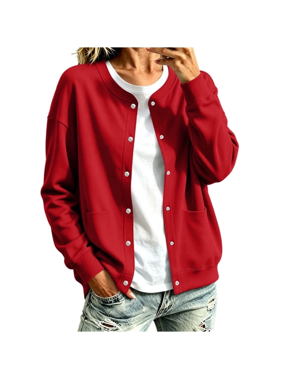 Long Sleeve Button Down Cardigan Sweatshirt For Women Crew Neck Fleece Lined Cardigan With Pocekt Open Front Jakcet Red L