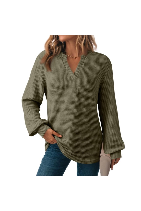 Long Sleeve Shirts for Women Oversized Waffle Knit V-Neck Tunic Tops Loose Fit Casual Blouses Lightweight Drop Shoulder Fall Sweaters