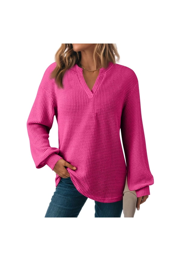 Long Sleeve Shirts for Women Oversized Waffle Knit V-Neck Tunic Tops Loose Fit Casual Blouses Lightweight Drop Shoulder Fall Sweaters