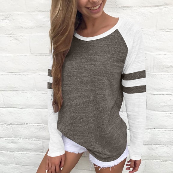UQJfacai Long Sleeve Shirts for Women Striped Color Block Baseball T-Shirt Fall Crewneck Tunic Tops Casual Fashion Loose Basic Tees