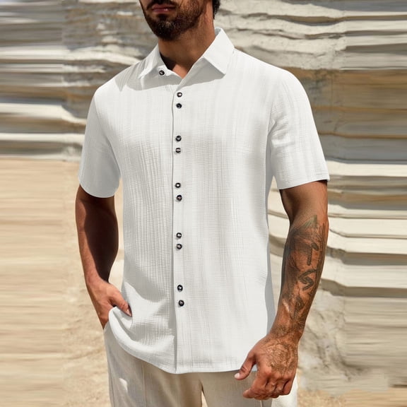 UQJfacai Mens Button Down Shirts Summer Casual Short Sleeve Tops Textured Fashion Collared Vacation Beach Shirt S-3XL
