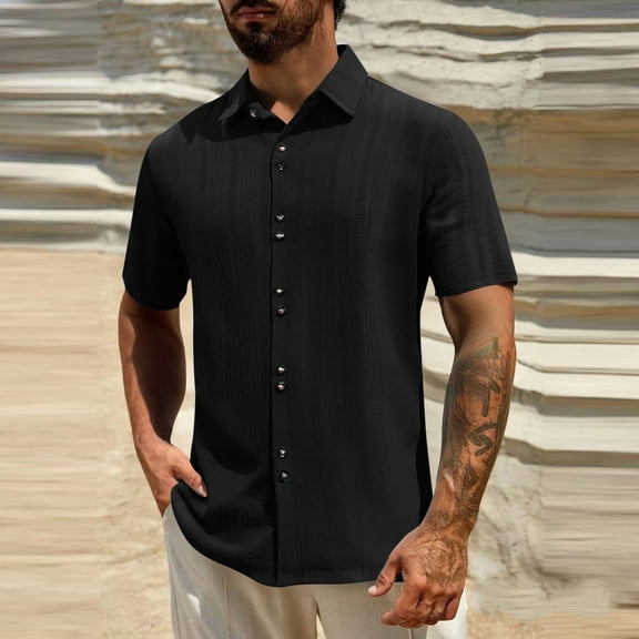 UQJfacai Mens Button Down Shirts Summer Casual Short Sleeve Tops Textured Fashion Collared Vacation Beach Shirt S-3XL