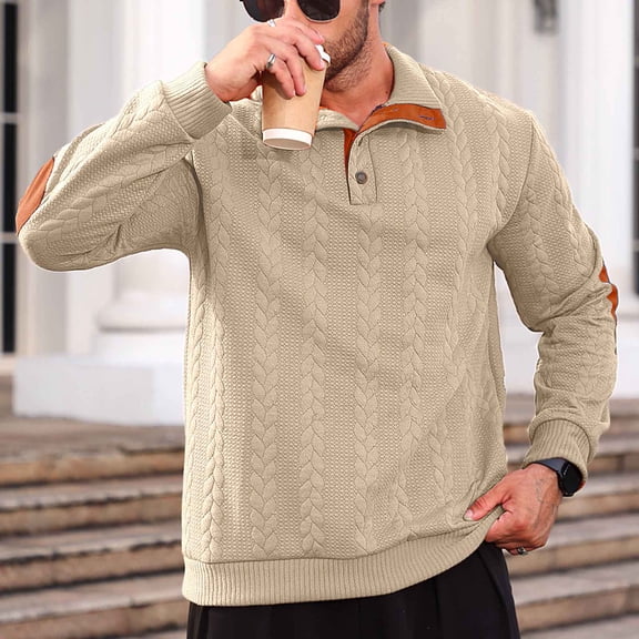 UQJfacai Mens Cable Knit Pullover Sweater Casual Button Down Stand Collar Long Sleeve Tops Fall Winter Knitted Sweaters with Elbow Patches