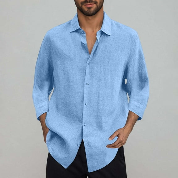 UQJfacai Mens Casual Linen Shirts 3/4 Sleeve Button Down Summer Cotton Beach Shirt Lightweight Loose Fit Collared Blouse S-2XL