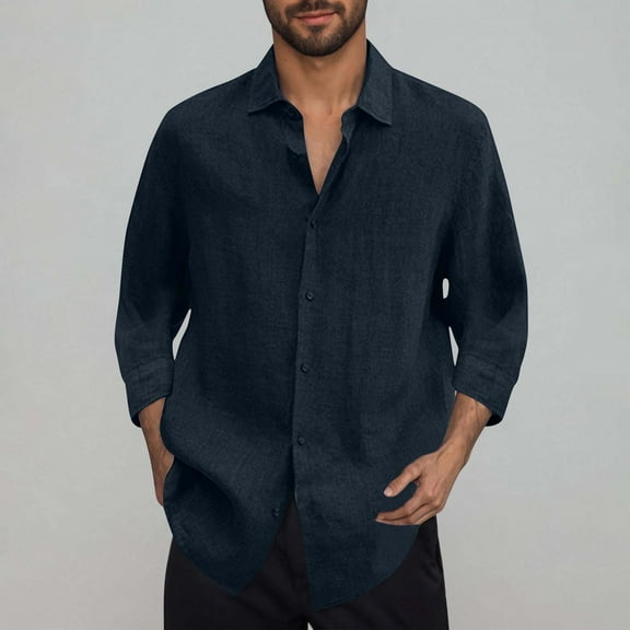 UQJfacai Mens Casual Linen Shirts 3/4 Sleeve Button Down Summer Cotton Beach Shirt Lightweight Loose Fit Collared Blouse S-2XL